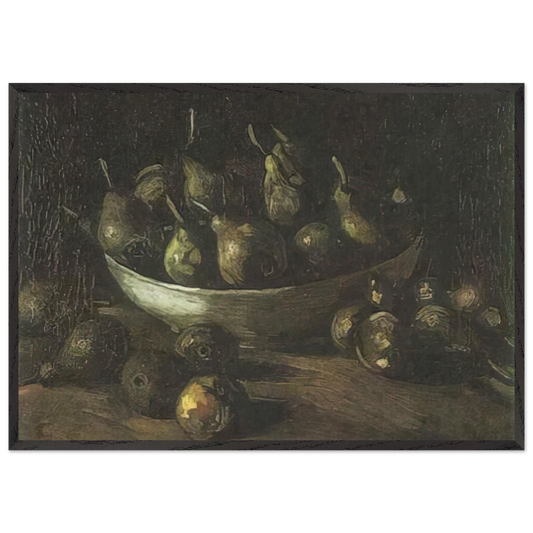 Still life with an Earthern bowl and pears - Vincent van Gogh 70x100 cm / 28x40 inches Framed Art Print – Black Wooden Frame