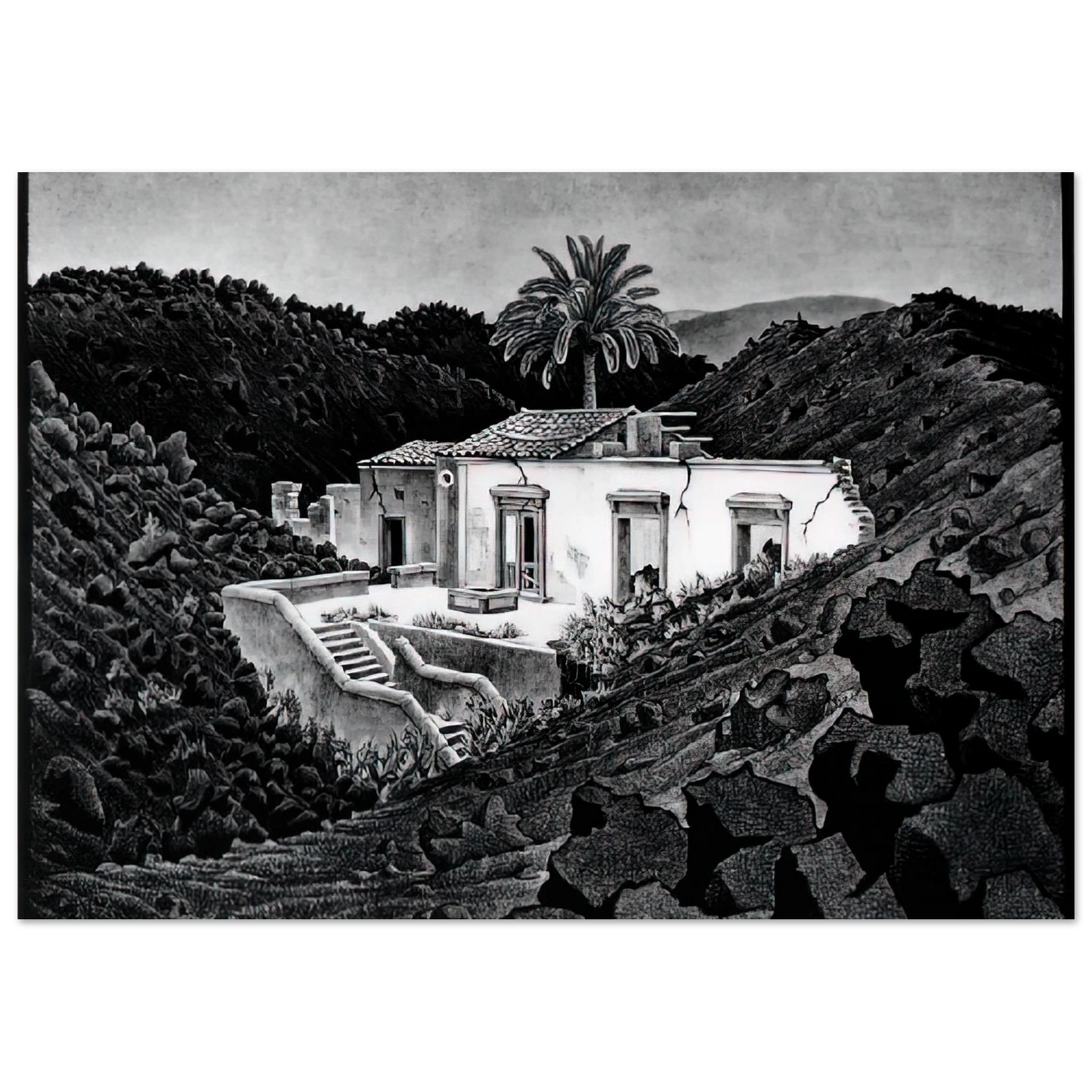MC Escher - HOUSE IN THE LAVA NEAR NUNZIATA Wall Art - 21x29.7 cm / 8x12" - Premium Wooden Framed Poster With Fine Art Paper-canvas - Wood frame