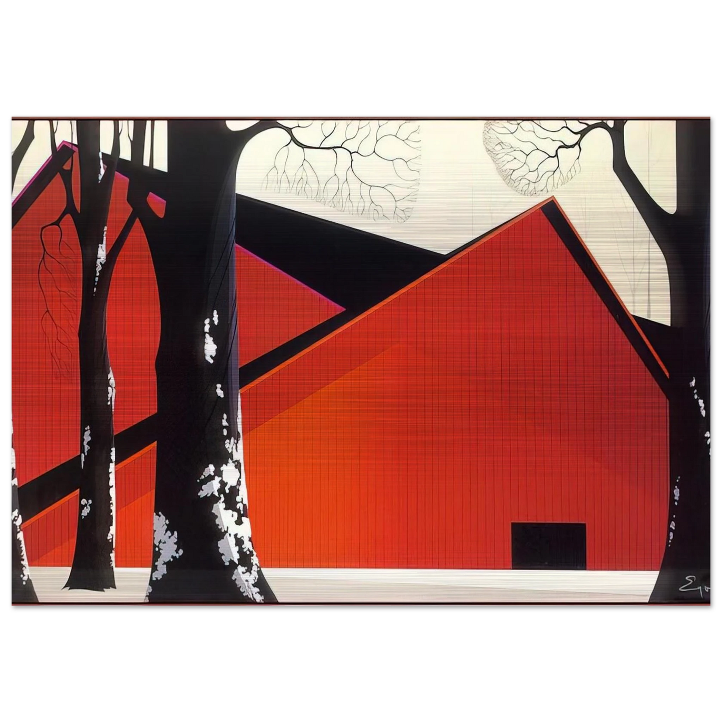 The Great Red Barn - Eyvind Earle Brushed Aluminum Print - 70x100 cm / 28x40 inches | Eyvind Earle Aluminum Print | Eyvind Earle Prints