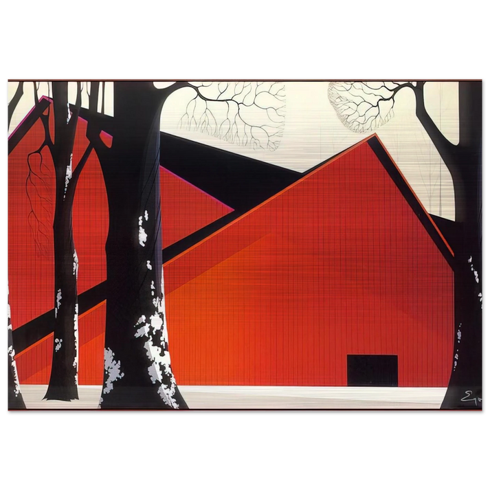 The Great Red Barn - Eyvind Earle Brushed Aluminum Print - 70x100 cm / 28x40 inches | Eyvind Earle Aluminum Print | Eyvind Earle Prints