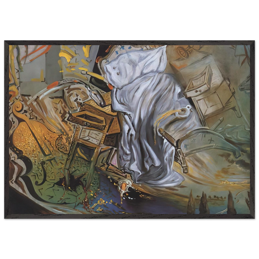 BED AND TWO BEDSIDE TABLES FEROCIOUSLY ATTACKING A CELLO FINAL STAGE - Salvador Dali 70x100 cm / 28x40 inches Framed Art Print – Black Wooden Frame