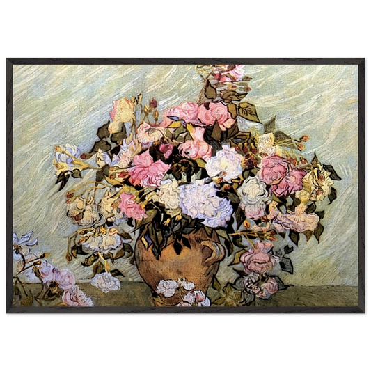 Still Life Vase with Roses - Vincent van Gogh 70x100 cm / 28x40 inches Framed Art Print – Black Wooden Frame