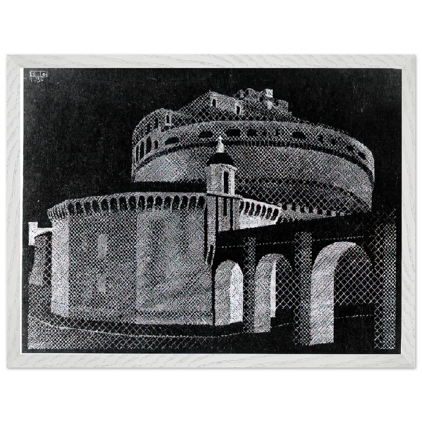 MC Escher - NOCTURNAL ROME CASTEL SANT ANGELO Wall Art - 30x40 cm / 12x16 inches - Premium Wooden Framed Poster With Fine Art Paper - Black frame