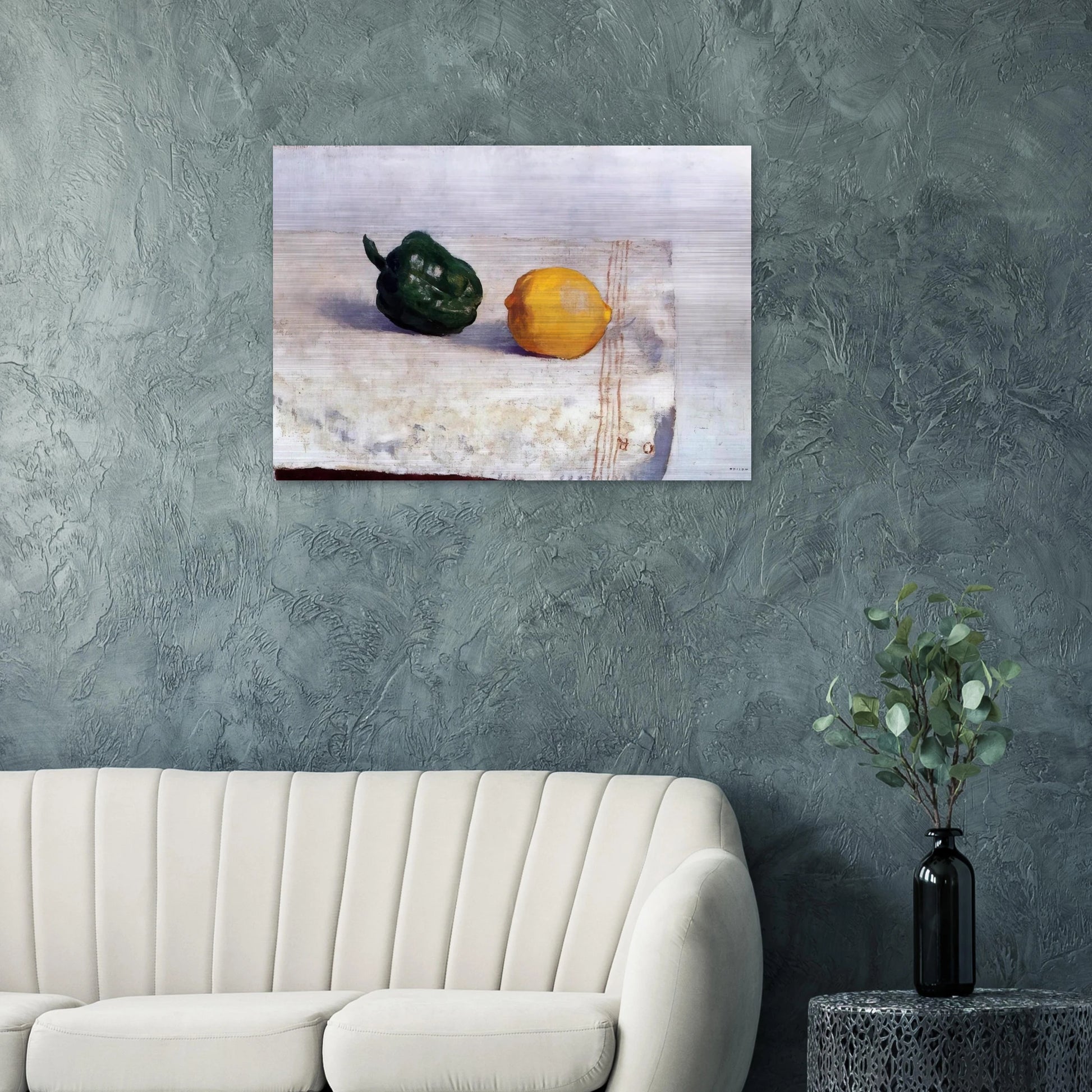 PEPPER AND LEMON ON A WHITE TABLECLOTH 1901 - Odilon Redon Brushed Aluminum Print - 70x100 cm / 28x40 inches | Odilon Redon Aluminum Print | Odilon Redon Prints