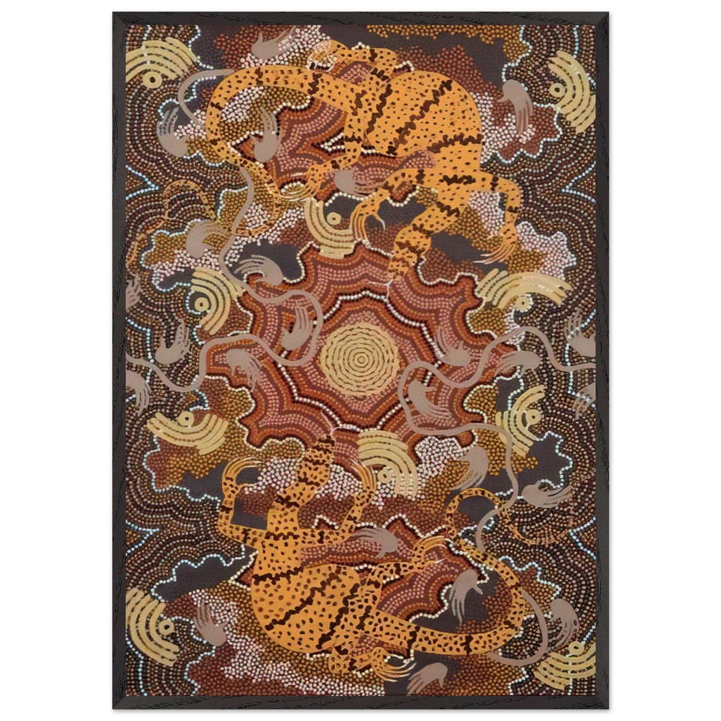 Perentie Goanna Dreaming - 1992 - Clifford Possum Tjapaltjarri 70x100 cm / 28x40 inches Framed Art Print – Black Wooden Frame