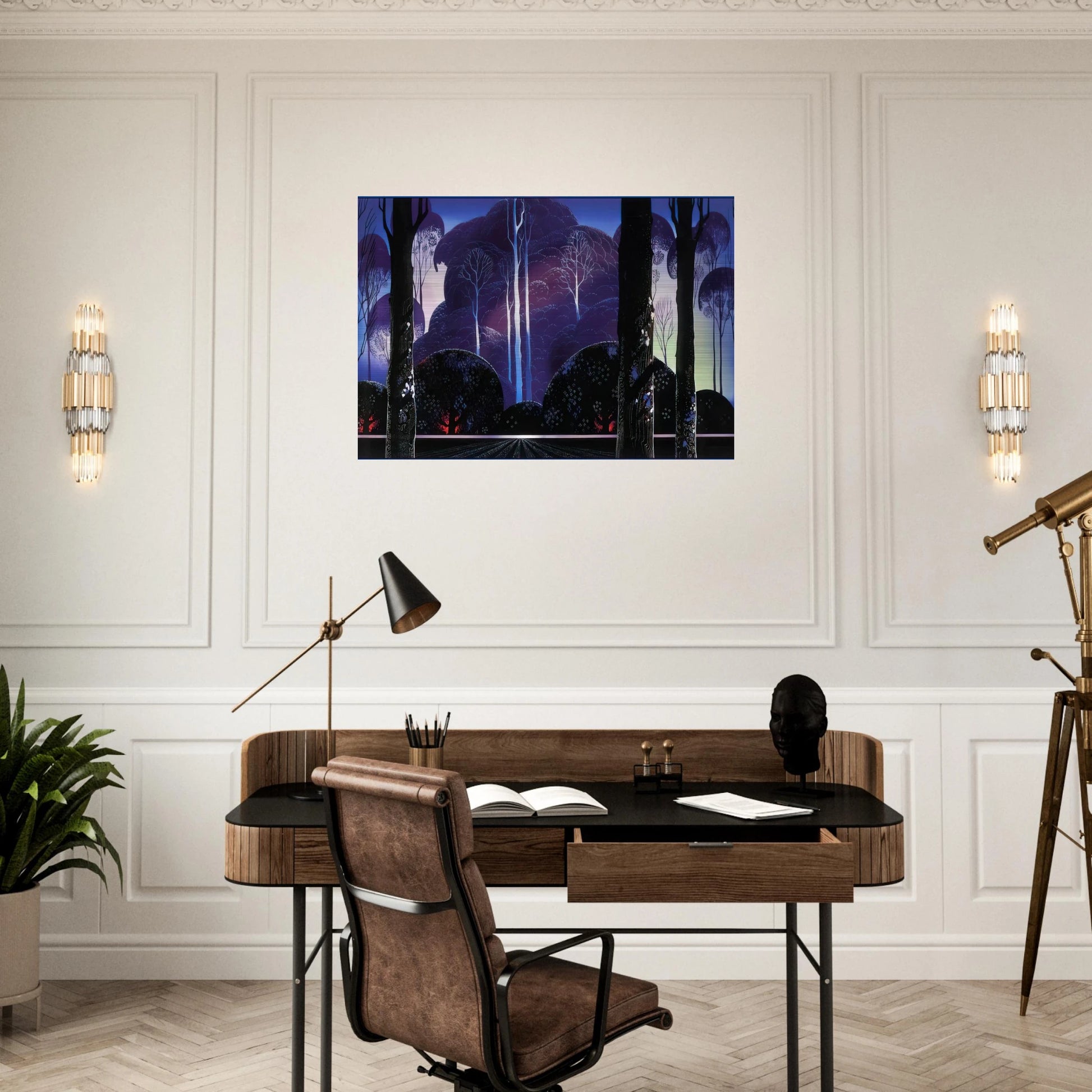 Purple Sunrise - Eyvind Earle Brushed Aluminum Print - 70x100 cm / 28x40 inches | Eyvind Earle Aluminum Print | Eyvind Earle Prints