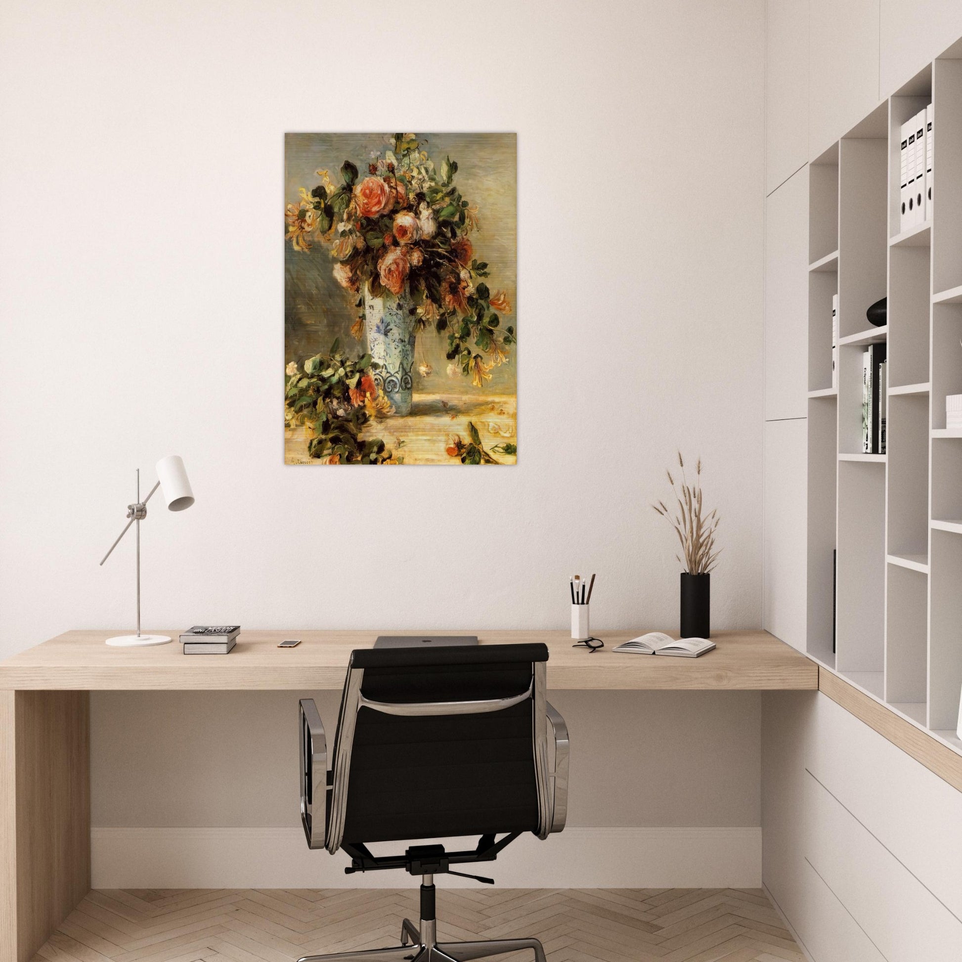 Roses and Jasmine in a Delft Vase - Pierre-Auguste Renoir Brushed Aluminum Print - 70x100 cm / 28x40 inches | Pierre-Auguste Renoir Aluminum Print | Pierre-Auguste Renoir Prints