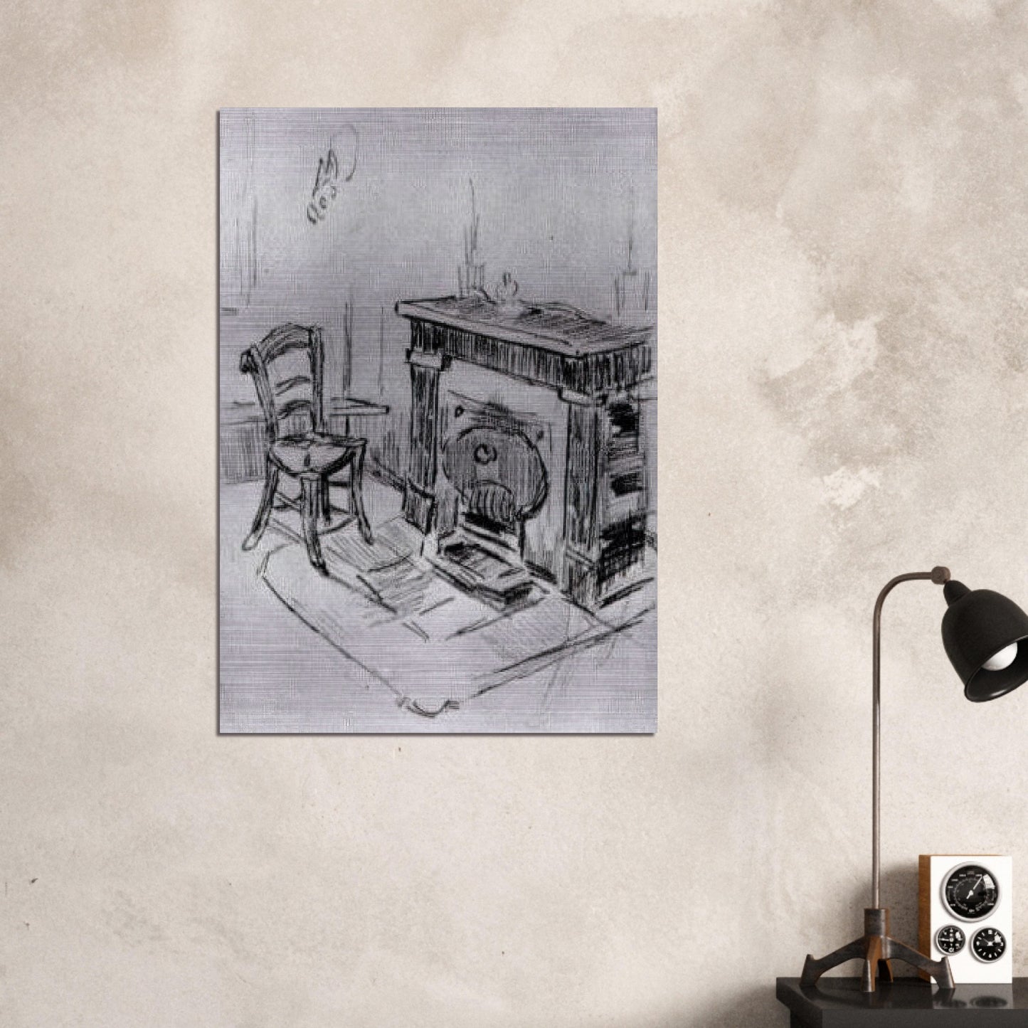 Mantelpiece with Chair - Vincent van Gogh Brushed Aluminum Print - 70x100 cm / 28x40 inches | Vincent van Gogh Aluminum Print | Vincent van Gogh Prints