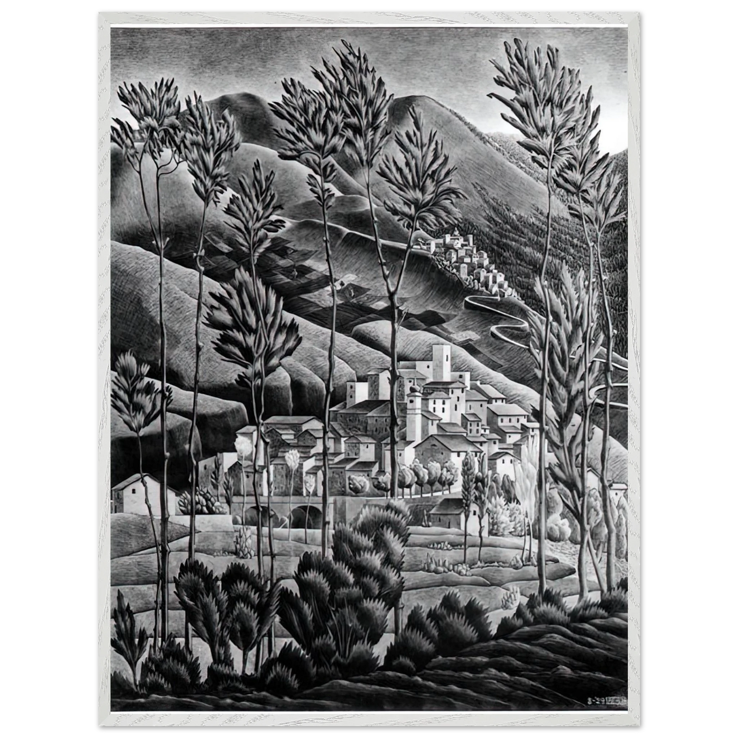 MC Escher - ALFEDENA ABRUZZI Wall Art - 21x29.7 cm / 8x12" - Premium Wooden Framed Poster With Fine Art Paper - White frame