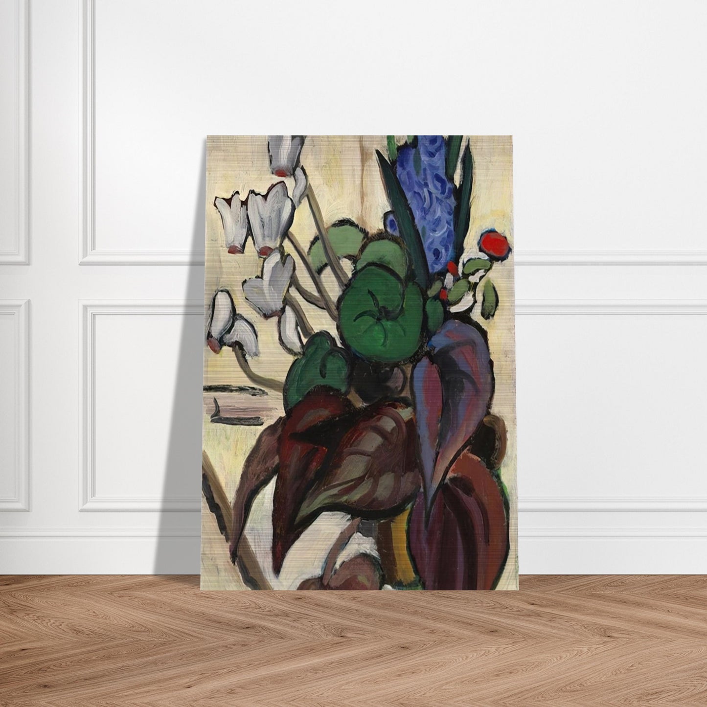 BLUMEN AUF WEI ZYKLAMEN UND HYAZINTHE 1934 - Gabriele Munter Brushed Aluminum Print - 70x100 cm / 28x40 inches | Gabriele Munter Aluminum Print | Gabriele Munter Prints