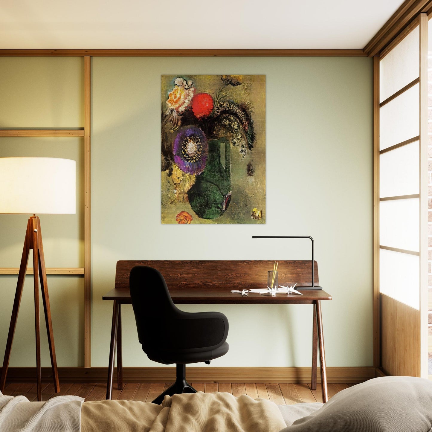 FLOWERS IN GREEN VASE WITH HANDLES - Odilon Redon Brushed Aluminum Print - 70x100 cm / 28x40 inches | Odilon Redon Aluminum Print | Odilon Redon Prints