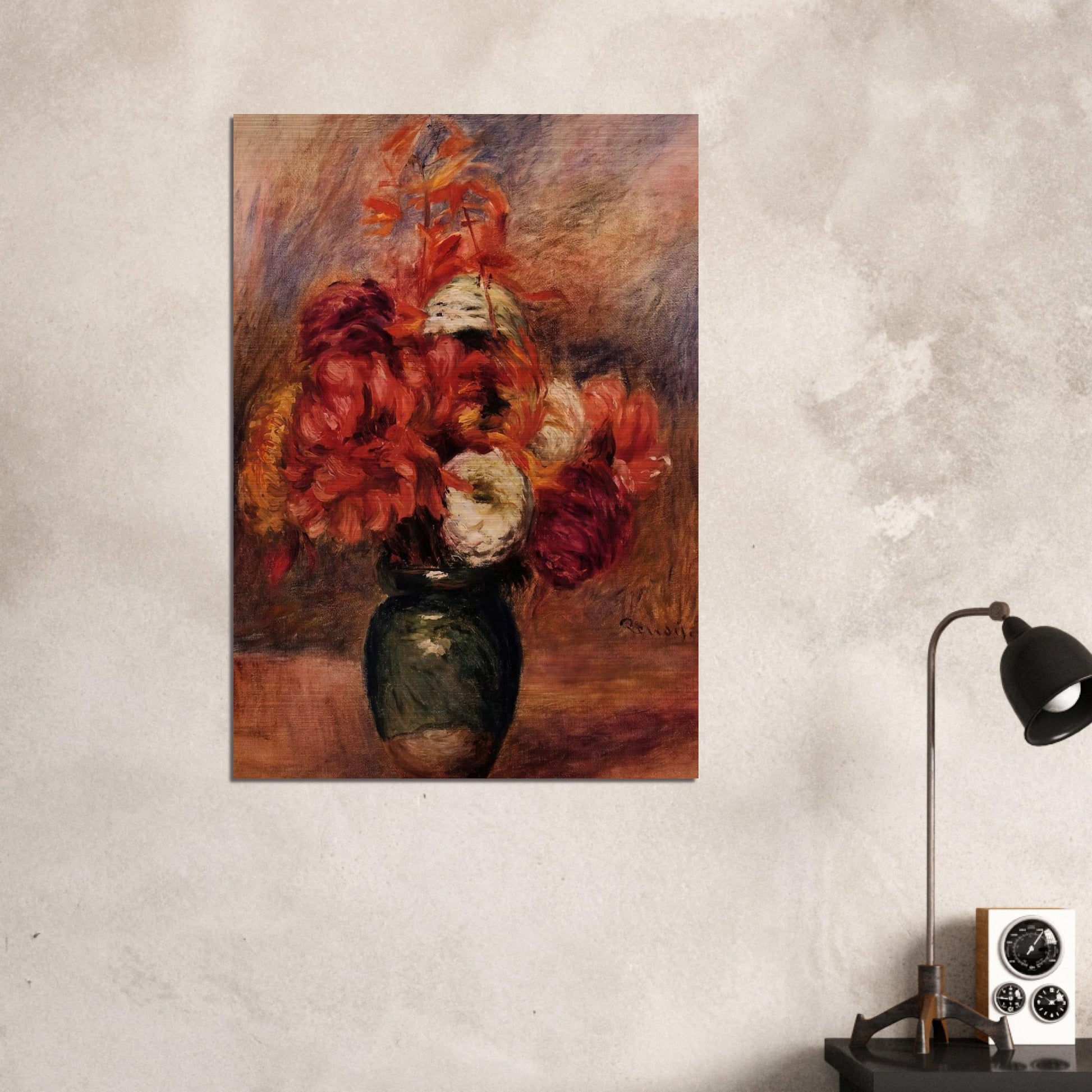 Flowers in a Green Vase Dahlilas and Asters - Pierre-Auguste Renoir Brushed Aluminum Print - 70x100 cm / 28x40 inches | Pierre-Auguste Renoir Aluminum Print | Pierre-Auguste Renoir Prints