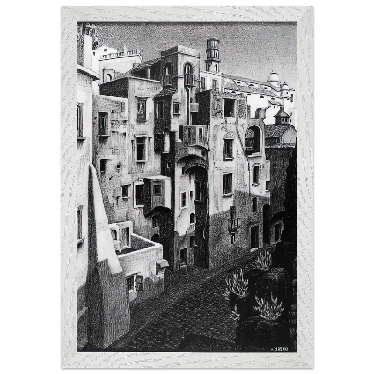 MC Escher - DILAPIDATED HOUSES IN ATRANI 1931 Wall Art - 60x80 cm / 24x32 inches - Premium Wooden Framed Poster With Fine Art Paper-canvas - Black frame