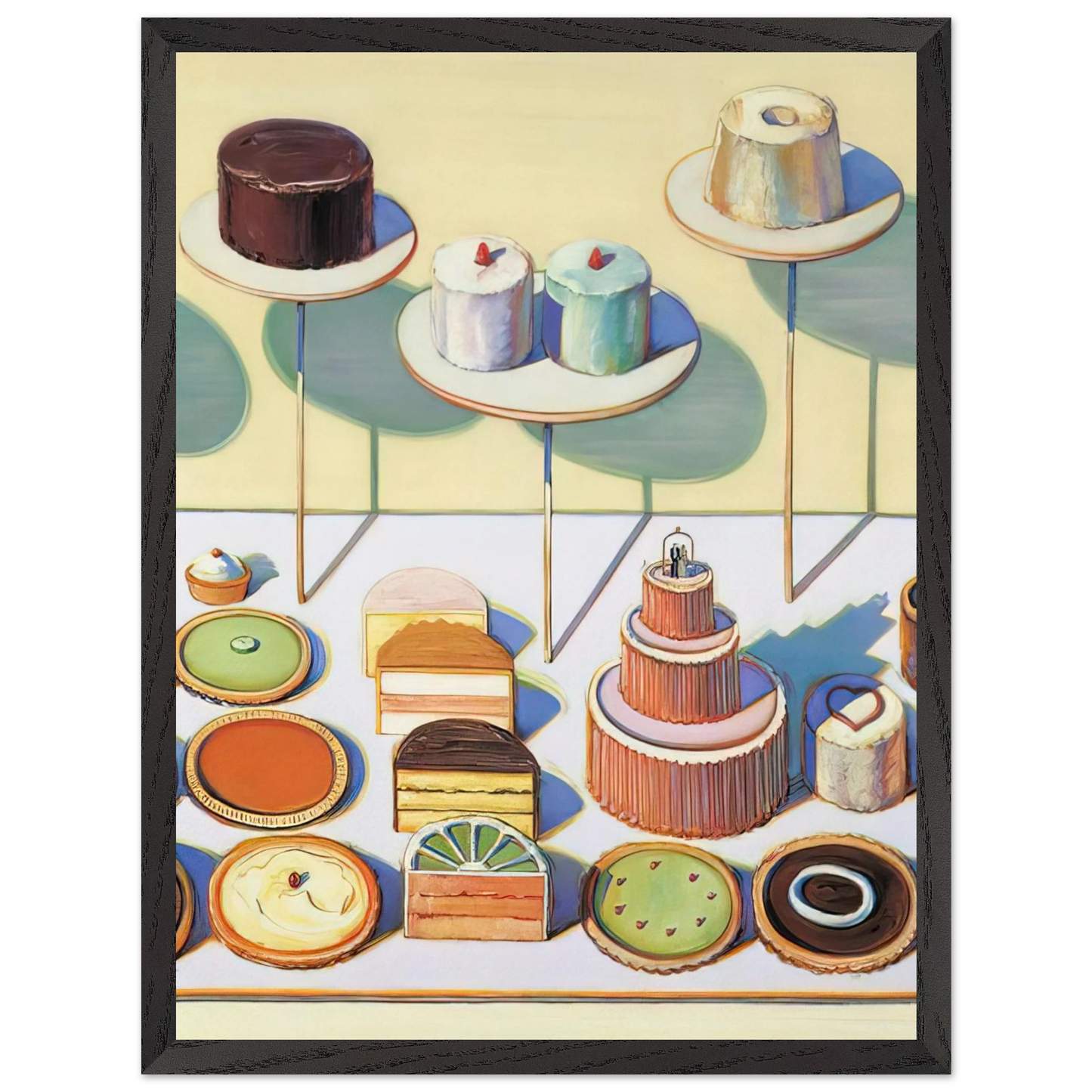 Wayne Thiebaud - Cakes and Pies - 1995 Wall Art - 30x40 cm / 12x16 inches - Premium Wooden Framed Poster With Fine Art Paper-canvas - Black frame