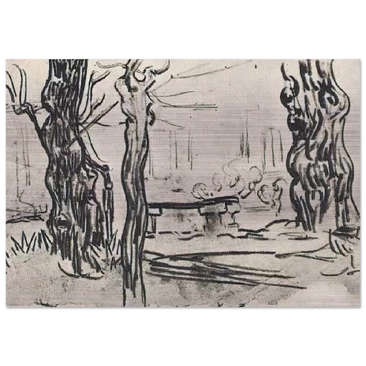 Garden of the Asylum and Tree Trunks and a Stone Bench - Vincent van Gogh Brushed Aluminum Print - 70x100 cm / 28x40 inches | Vincent van Gogh Aluminum Print | Vincent van Gogh Prints