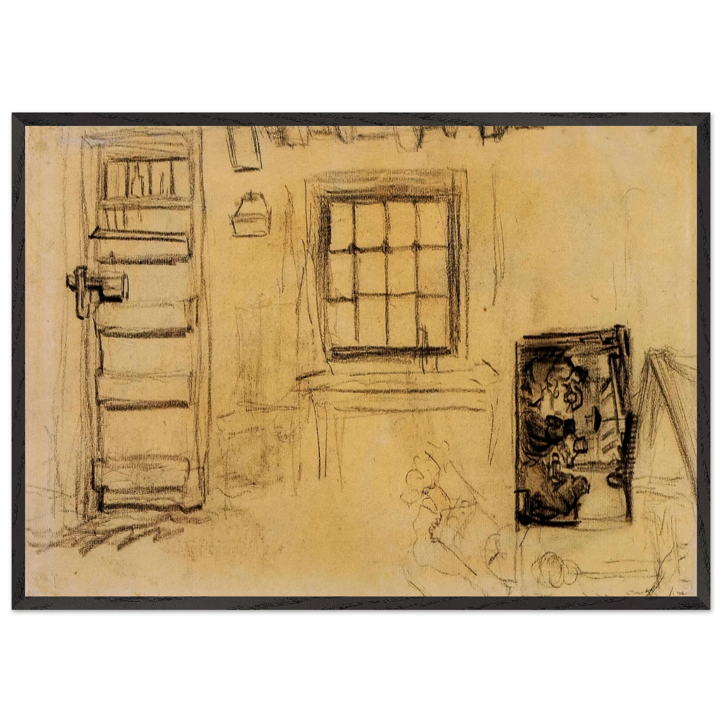 Studies of the Interior of a Cottage and a Sketch of The Potato Eaters - Vincent van Gogh 70x100 cm / 28x40 inches Framed Art Print – Black Wooden Frame