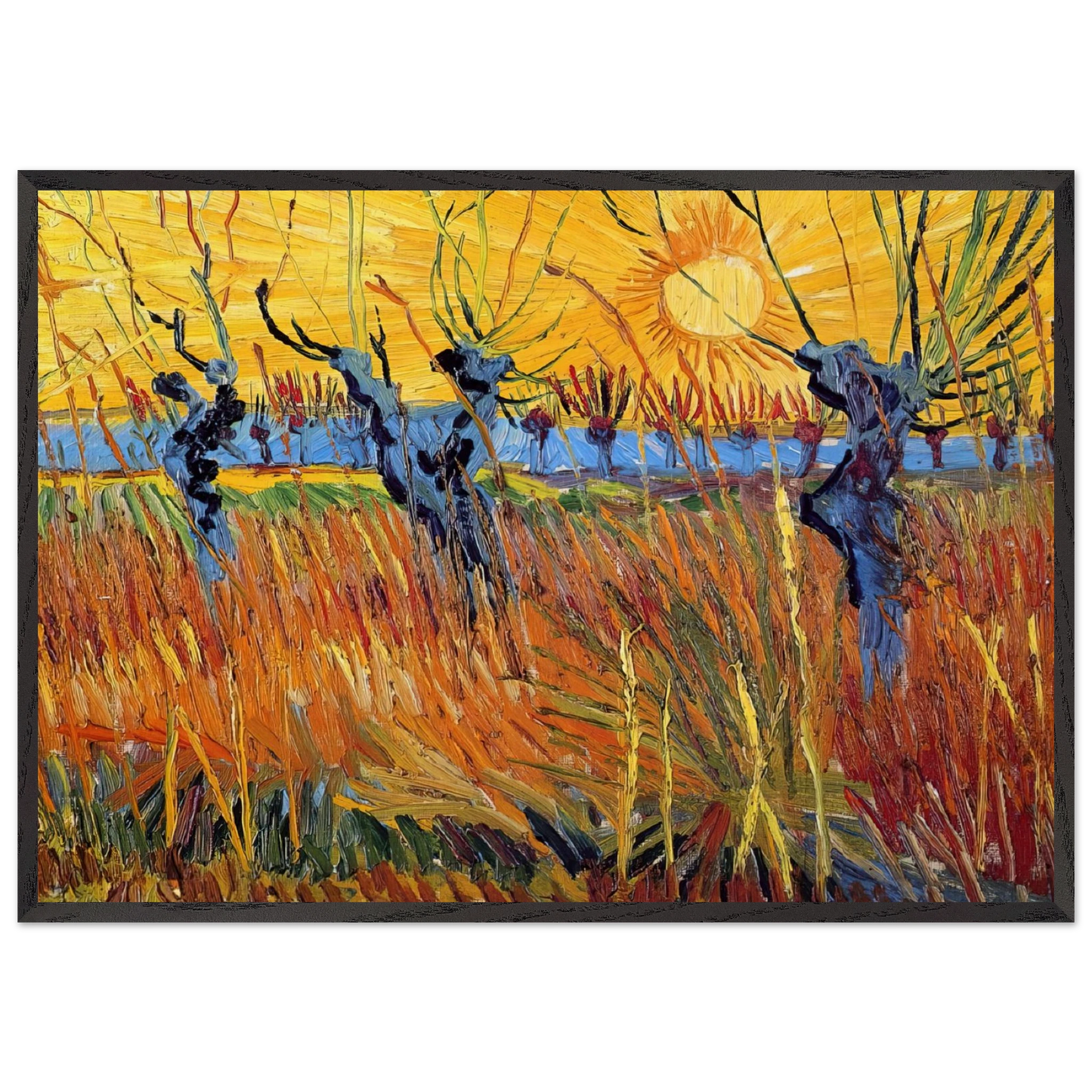 Pollard Willows and Setting Sun - Vincent van Gogh 70x100 cm / 28x40 inches Framed Art Print – Black Wooden Frame