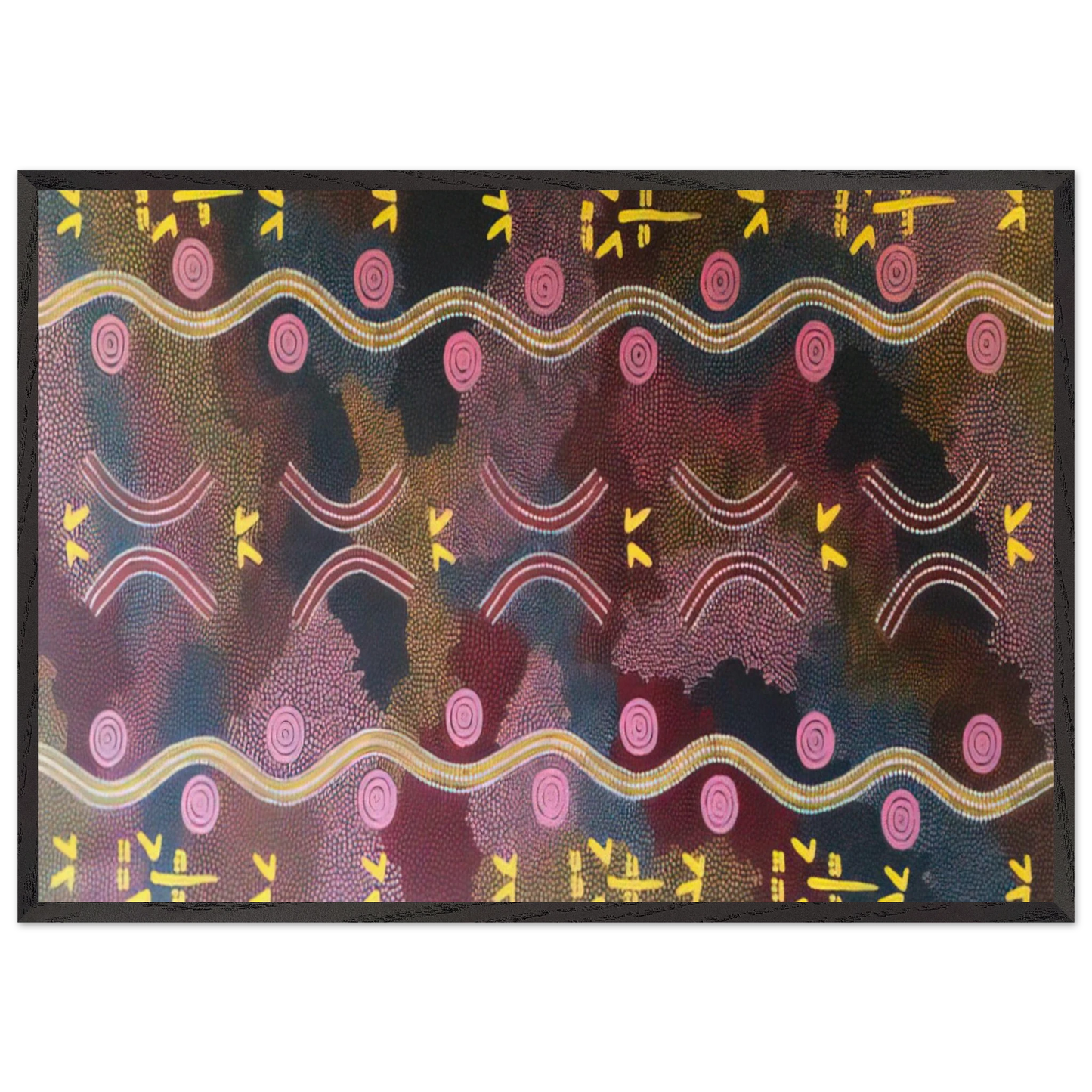 Possum  Rock Wallaby Dreaming Napperby - 1990 - Clifford Possum Tjapaltjarri 70x100 cm / 28x40 inches Framed Art Print – Black Wooden Frame