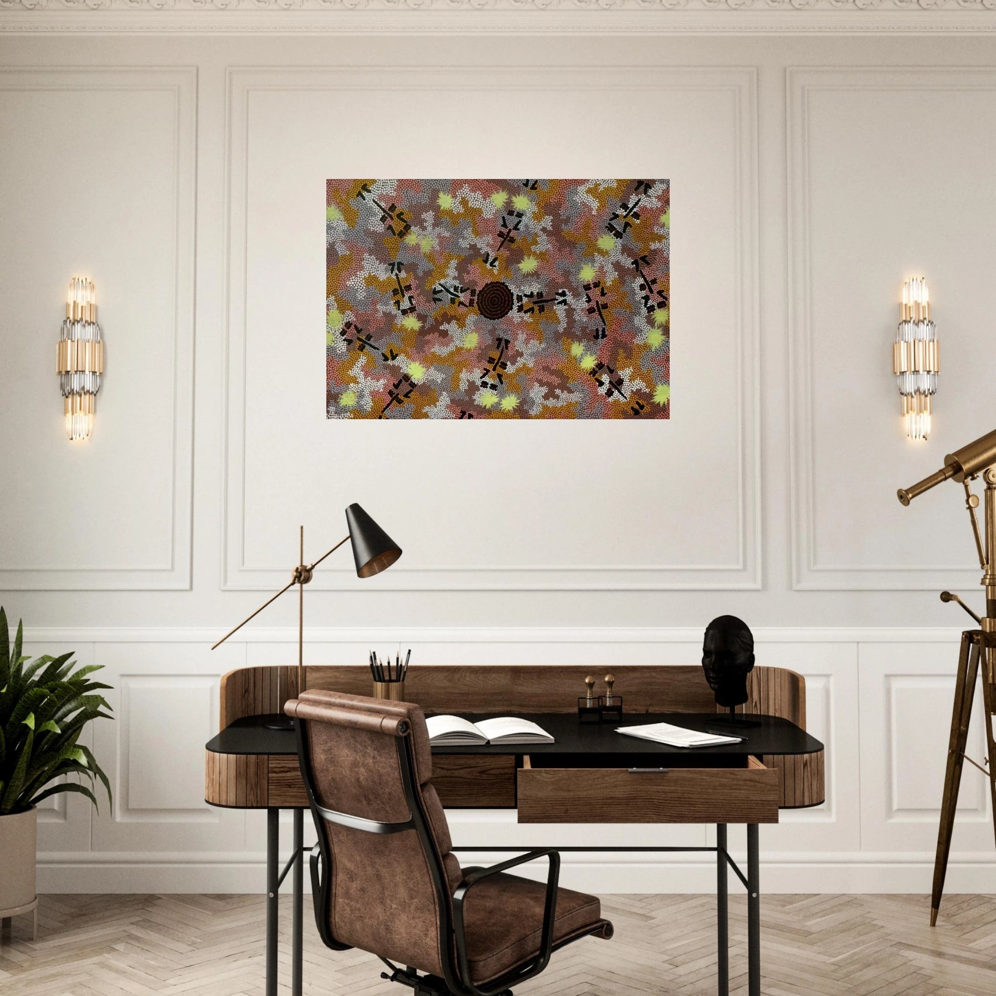 Kangaroo Dreaming, Mt. Dennison - 1989 - Clifford Possum Tjapaltjarri Brushed Aluminum Print - 70x100 cm / 28x40 inches | Clifford Possum Tjapaltjarri Aluminum Print | Clifford Possum Tjapaltjarri Prints