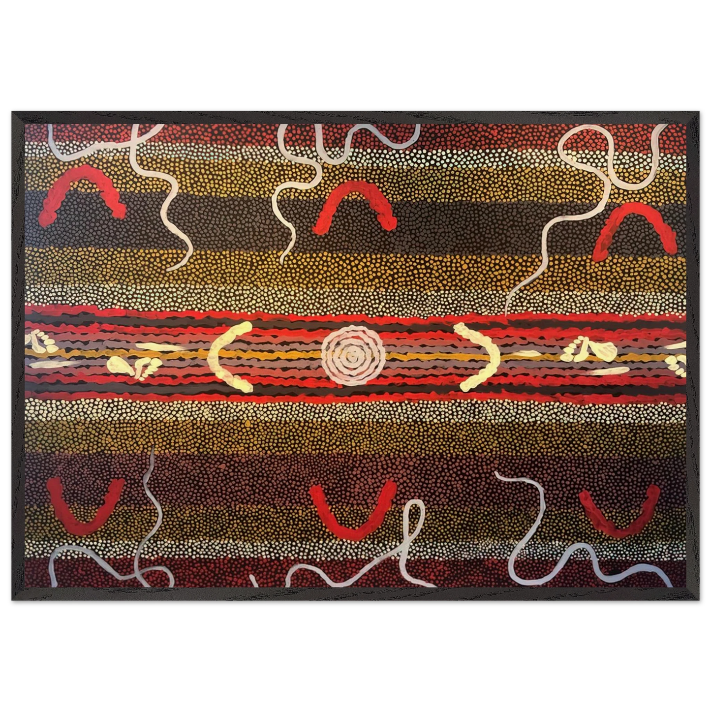 Mens Maliyarre Initiation Ceremony - 1999 - Clifford Possum Tjapaltjarri 70x100 cm / 28x40 inches Framed Art Print – Black Wooden Frame