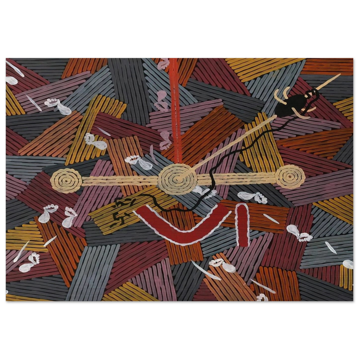 Men's Love Story - 1996 - Clifford Possum Tjapaltjarri Brushed Aluminum Print - 70x100 cm / 28x40 inches | Clifford Possum Tjapaltjarri Aluminum Print | Clifford Possum Tjapaltjarri Prints
