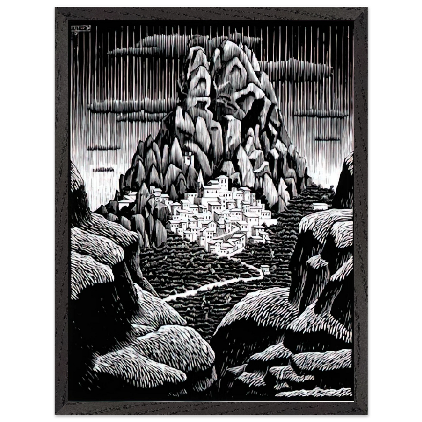 MC Escher - PENTEDATTIO CALABRIA JANUARY 1930 1930 Wall Art - 60x80 cm / 24x32 inches - Premium Wooden Framed Poster With Fine Art Paper-canvas - Black frame
