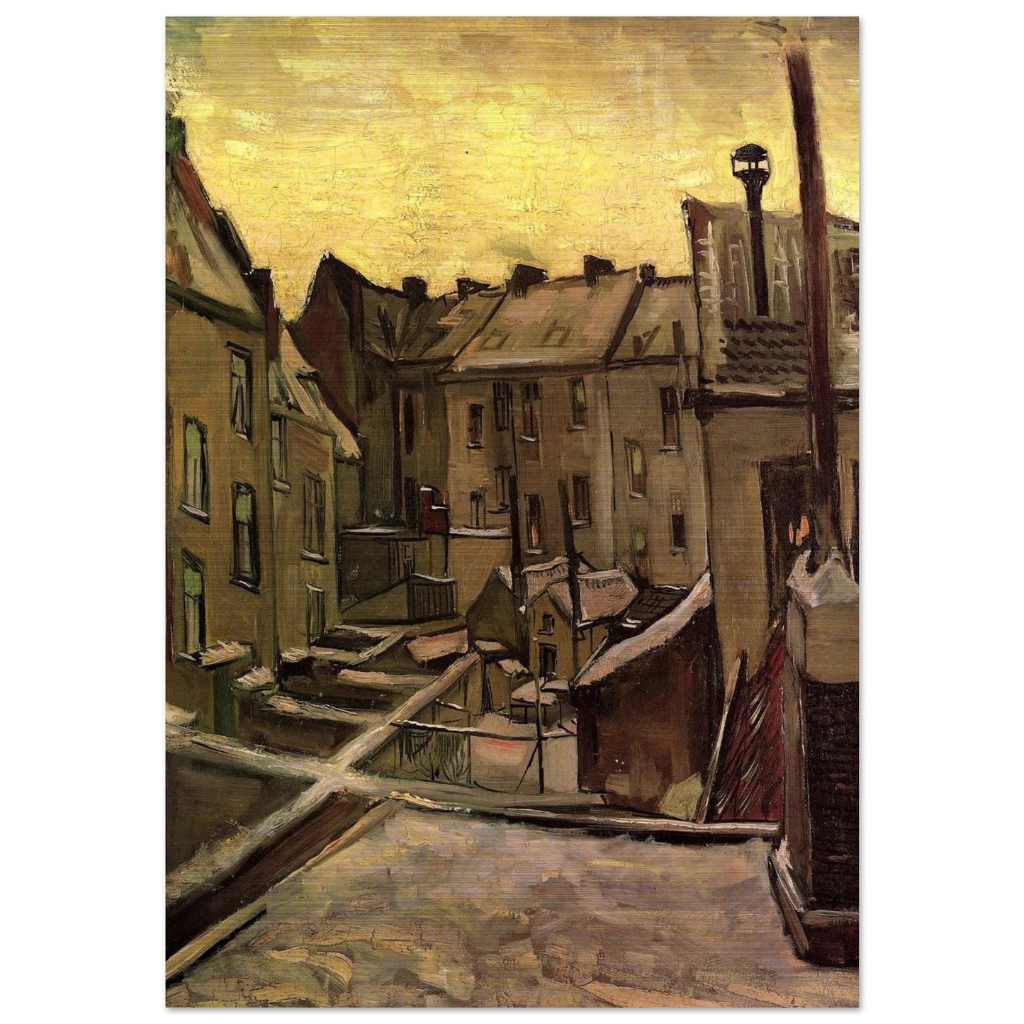Backyards of Old Houses in Antwerp in the Snow - Vincent van Gogh Brushed Aluminum Print - 70x100 cm / 28x40 inches | Vincent van Gogh Aluminum Print | Vincent van Gogh Prints