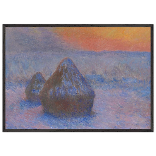 Stacks of Wheat Sunset Snow Effect - claude monet 70x100 cm / 28x40 inches Framed Art Print – Black Wooden Frame