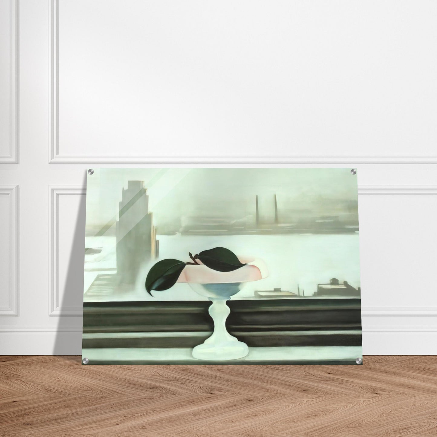 Pink Dish and Green Leaves - Georgia O'Keeffe Acrylic Print - 70x100 cm / 28x40″ inches | Georgia O'Keeffe Wall Art | Georgia O'Keeffe Prints