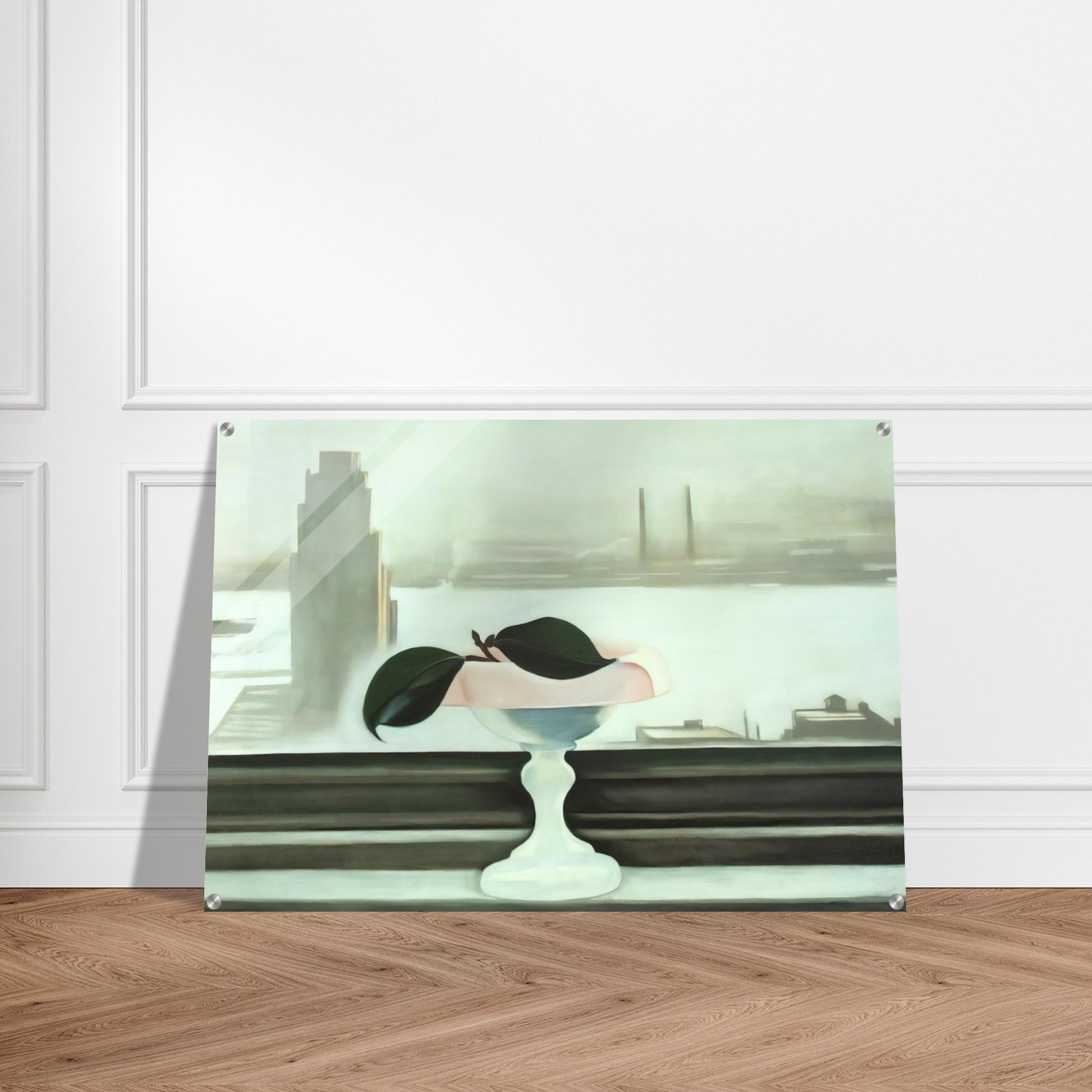 Pink Dish and Green Leaves - Georgia O'Keeffe Acrylic Print - 70x100 cm / 28x40″ inches | Georgia O'Keeffe Wall Art | Georgia O'Keeffe Prints