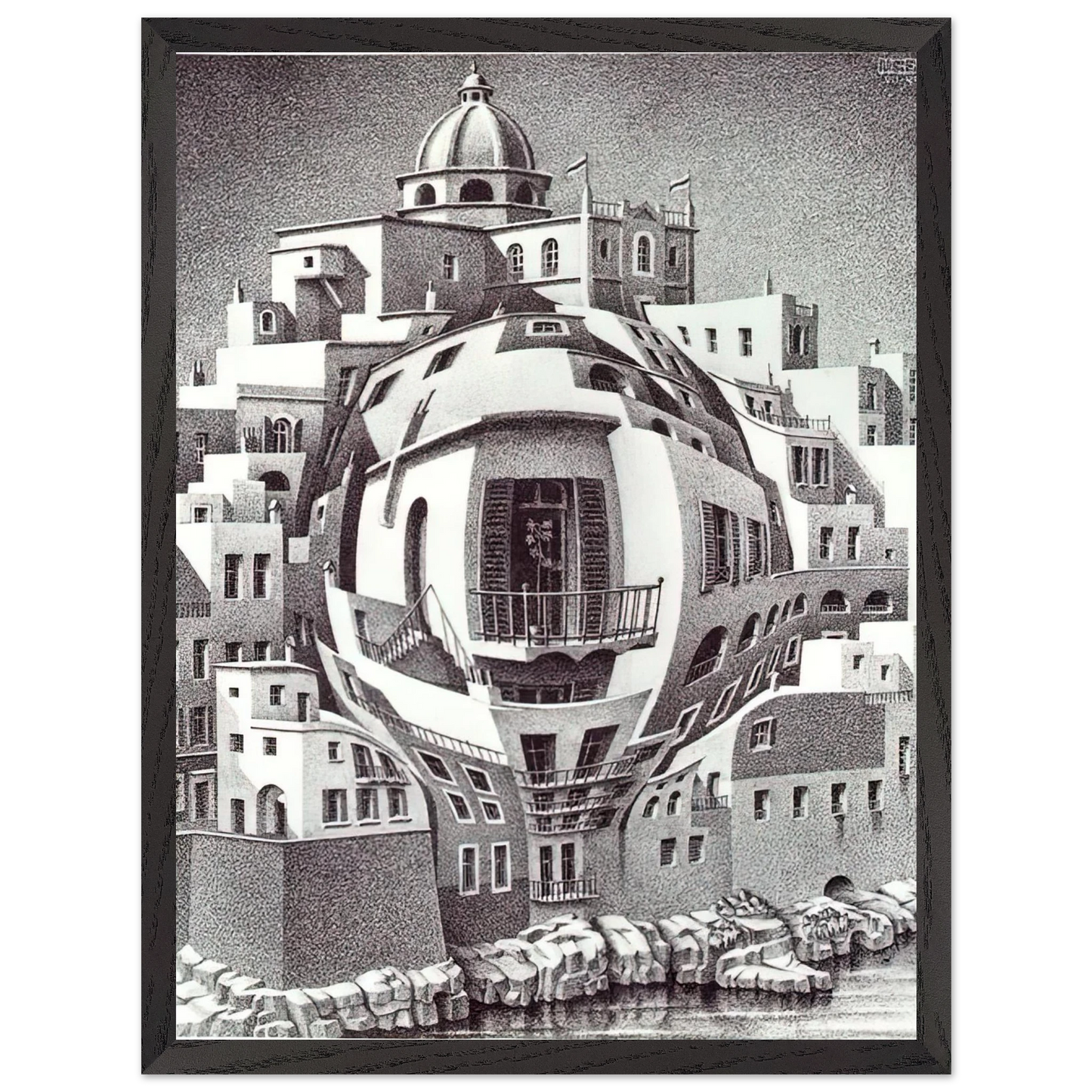 MC Escher - BALCONY Wall Art - 60x80 cm / 24x32 inches - Premium Wooden Framed Poster With Fine Art Paper-canvas - Black frame