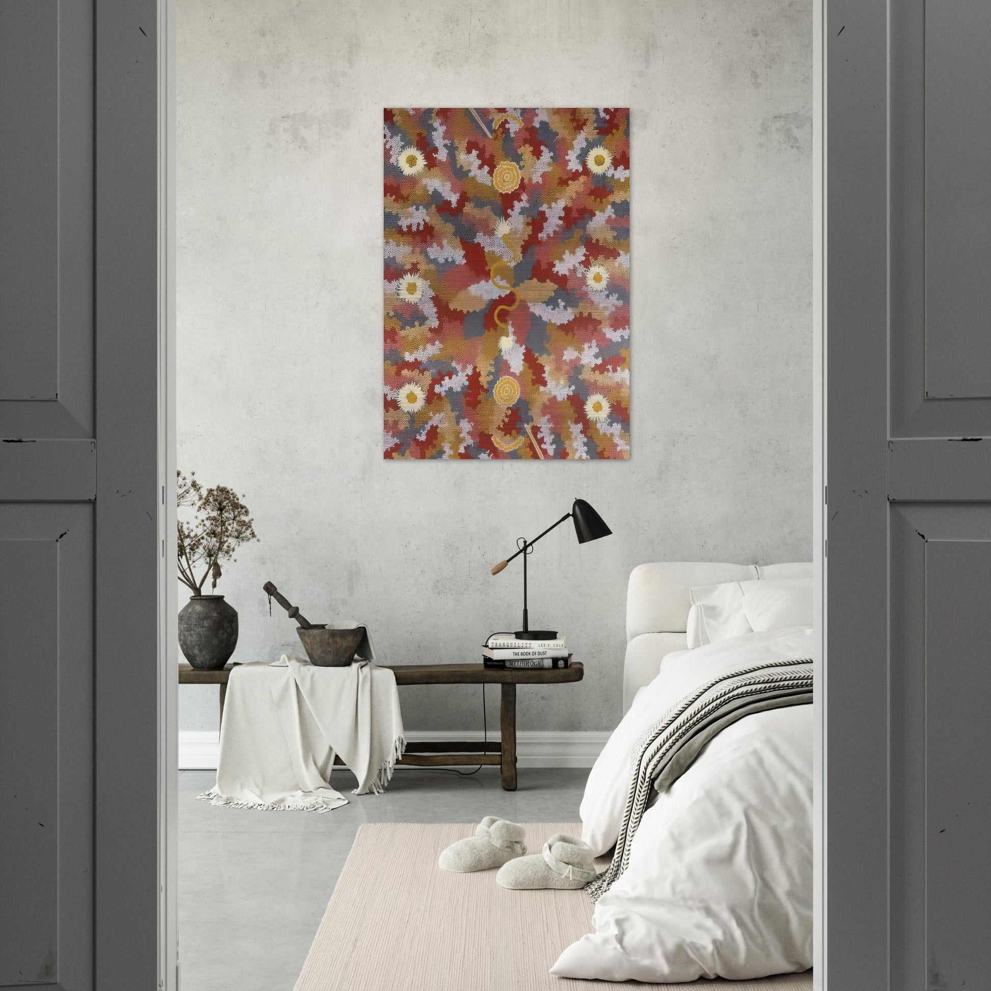 Men's Corroborie - 1990 - Clifford Possum Tjapaltjarri Brushed Aluminum Print - 70x100 cm / 28x40 inches | Clifford Possum Tjapaltjarri Aluminum Print | Clifford Possum Tjapaltjarri Prints