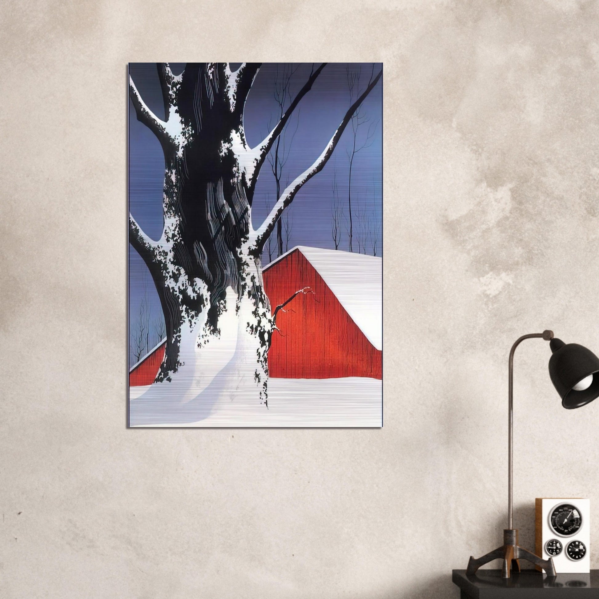 Red Barn and Tree Snow - Eyvind Earle Brushed Aluminum Print - 70x100 cm / 28x40 inches | Eyvind Earle Aluminum Print | Eyvind Earle Prints