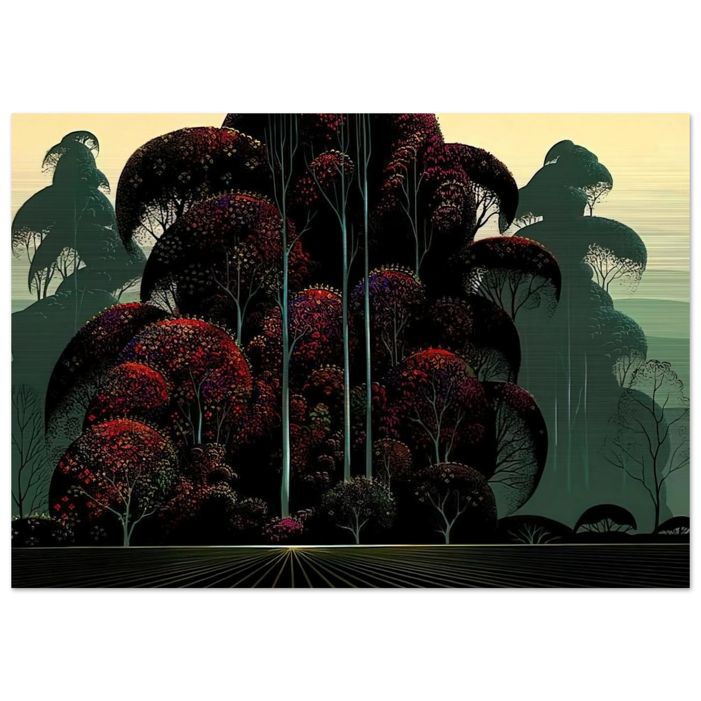 Crimson Autumn - Eyvind Earle Brushed Aluminum Print - 70x100 cm / 28x40 inches | Eyvind Earle Aluminum Print | Eyvind Earle Prints