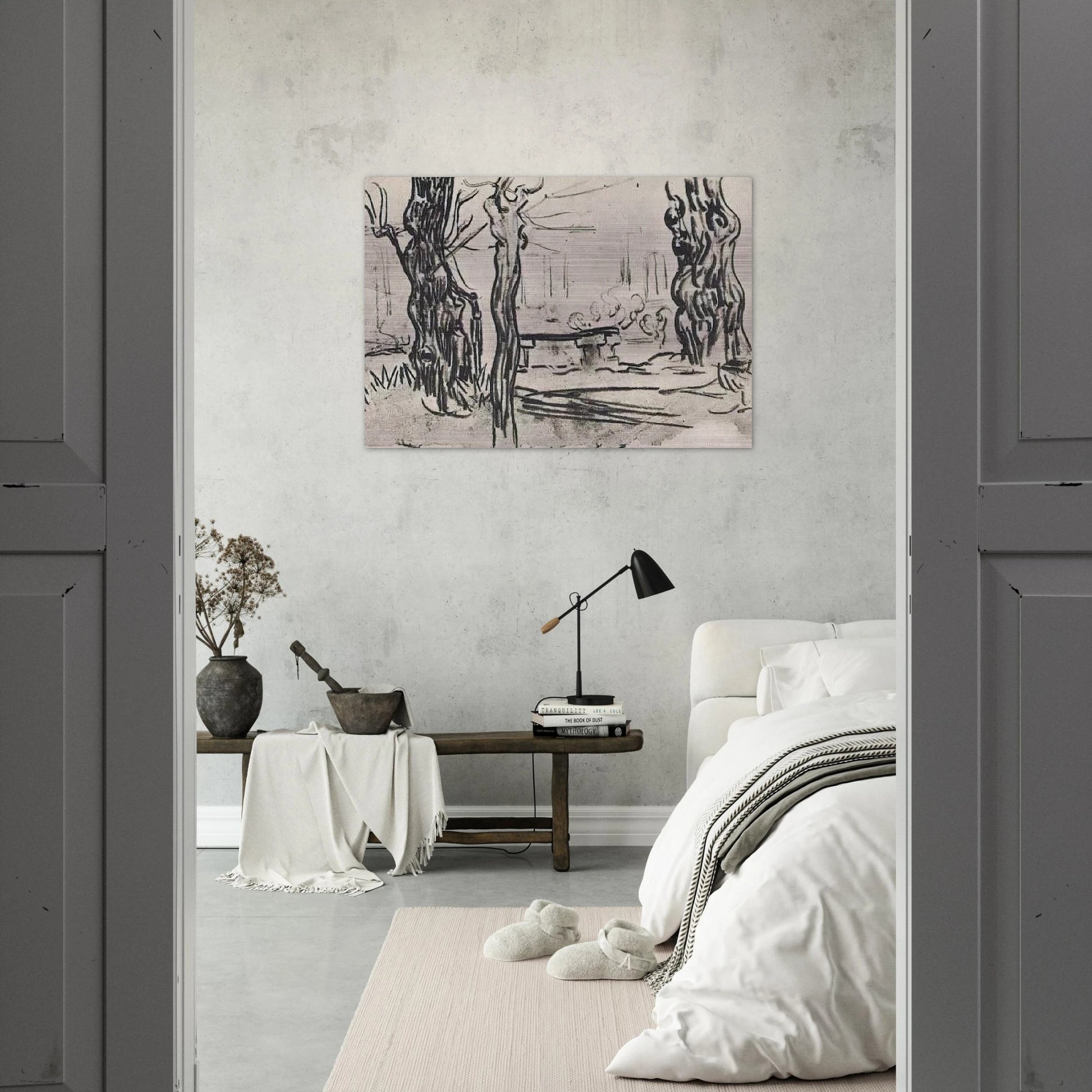 Garden of the Asylum and Tree Trunks and a Stone Bench - Vincent van Gogh Brushed Aluminum Print - 70x100 cm / 28x40 inches | Vincent van Gogh Aluminum Print | Vincent van Gogh Prints