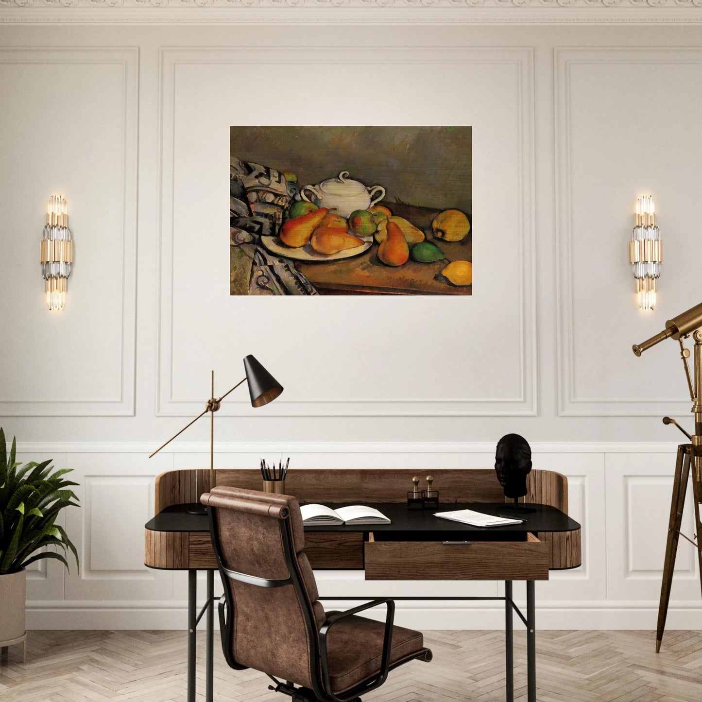 Sugarbowl, Pears and Tablecloth - Paul Cézanne Brushed Aluminum Print - 70x100 cm / 28x40 inches | Paul Cézanne Aluminum Print | Paul Cézanne Prints