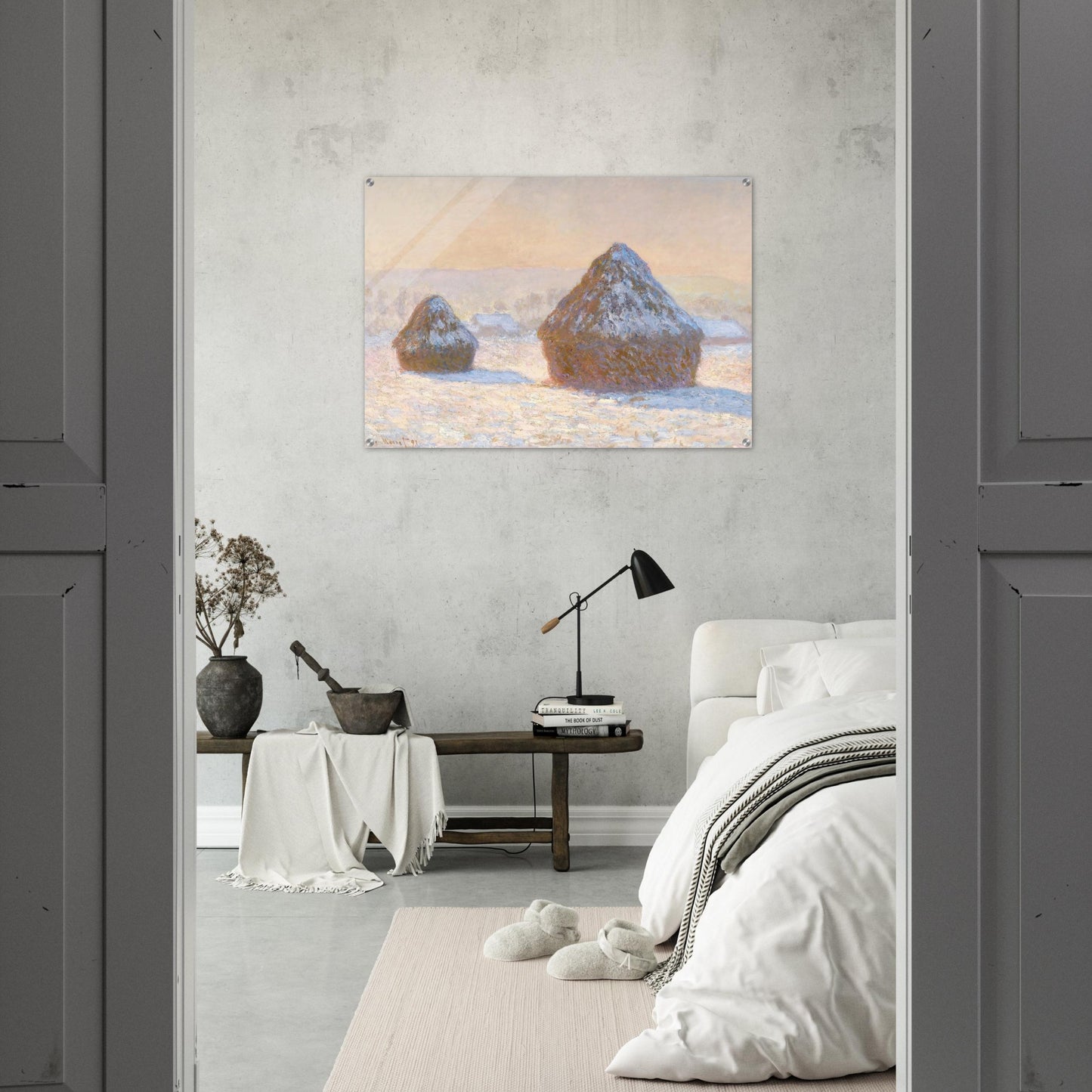 Wheatstacks, Snow Effect, Morning - claude monet Acrylic Print - 70x100 cm / 28x40″ inches