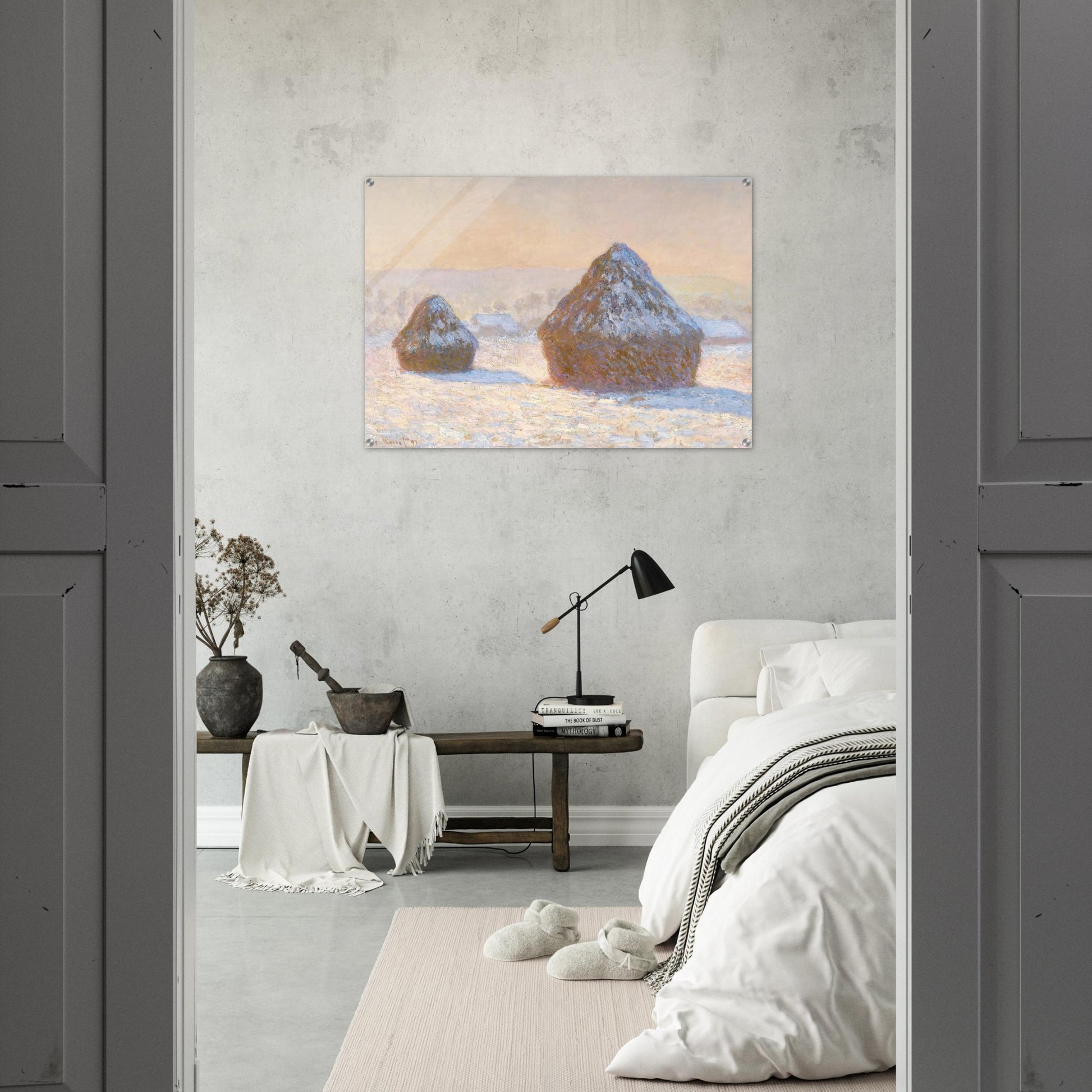 Wheatstacks, Snow Effect, Morning - claude monet Acrylic Print - 70x100 cm / 28x40″ inches