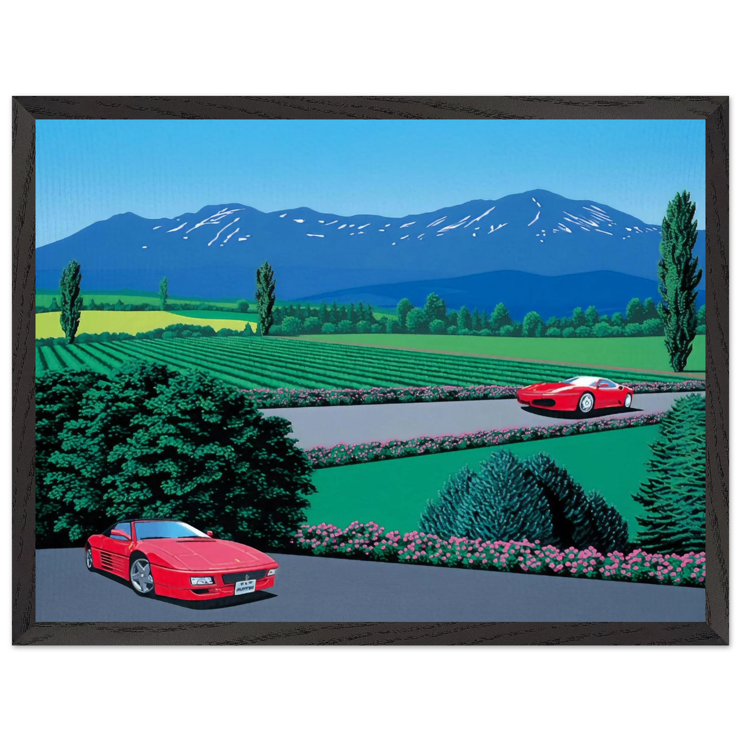 Hiroshi Nagai - Ferraris traversing the lands Wall Art - 60x80 cm / 24x32 inches - Premium Wooden Framed Poster With Fine Art Paper - White frame